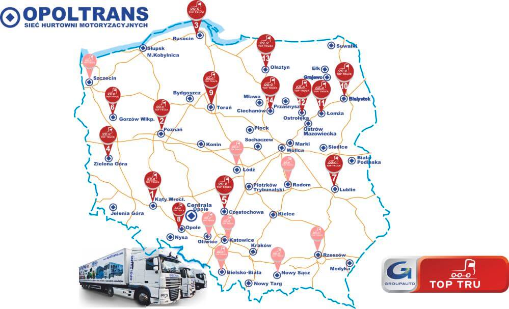 Mapa z serwisami OPOLTRANS Top Truck