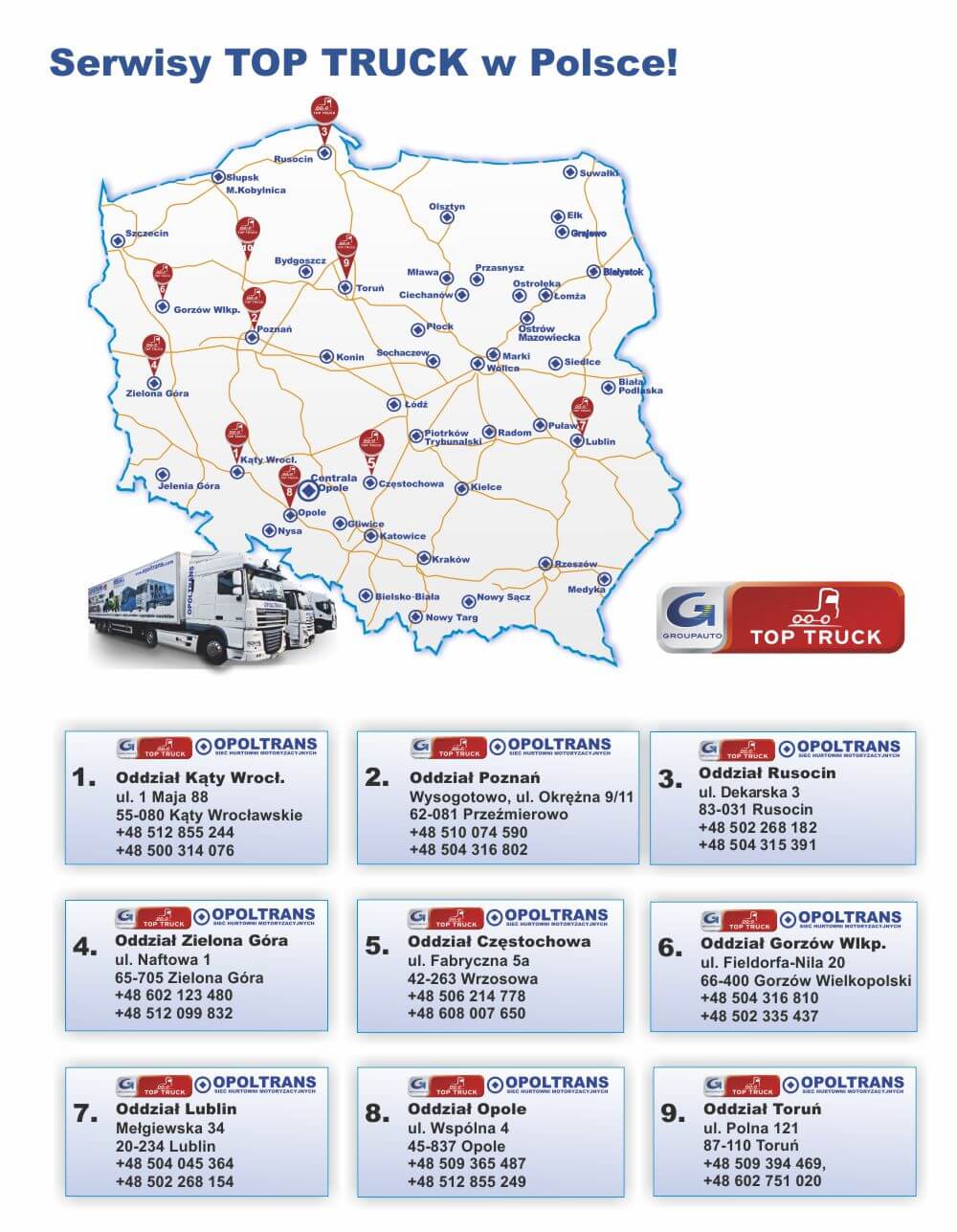 Mapa sieć serwisów OPOLTRANS Top Truck