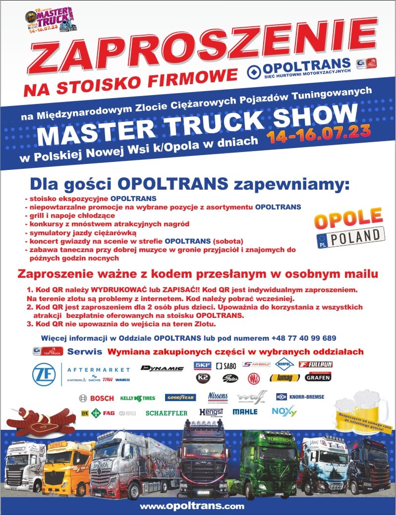Plakat z zaproszeniem OPOLTRANS na Master Truck 2023