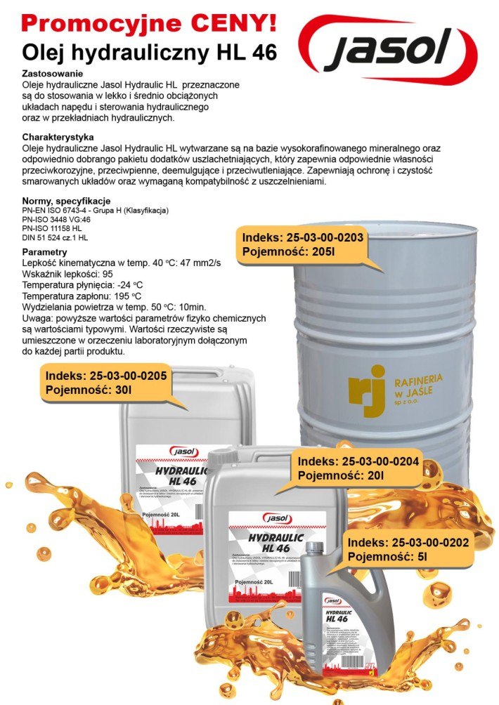 Oferta oleje hydrauliczne Jasol